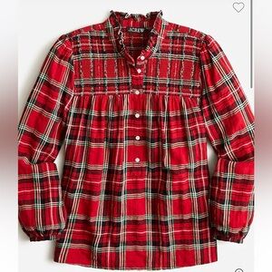 J.Crew Ruffle Neck Cotton-Blend Flannel Popover Good Tidings Smock Plaid Small